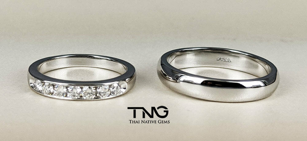 Custom made wedding ring and band in Bangkok, Thailand. Her half eternity diamond ring and his plain band in platinum