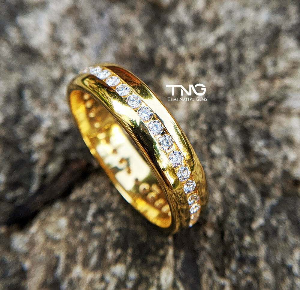 Custom Made Wedding Ring and Band in Bangkok, Thailand. His Full Eternity Diamond Ring set in 18K Yellow Gold