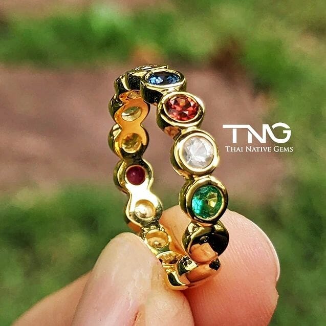 Custom Made Wedding Ring and Band in Bangkok, Thailand. Nine Stone Lucky Gemstone Her Band