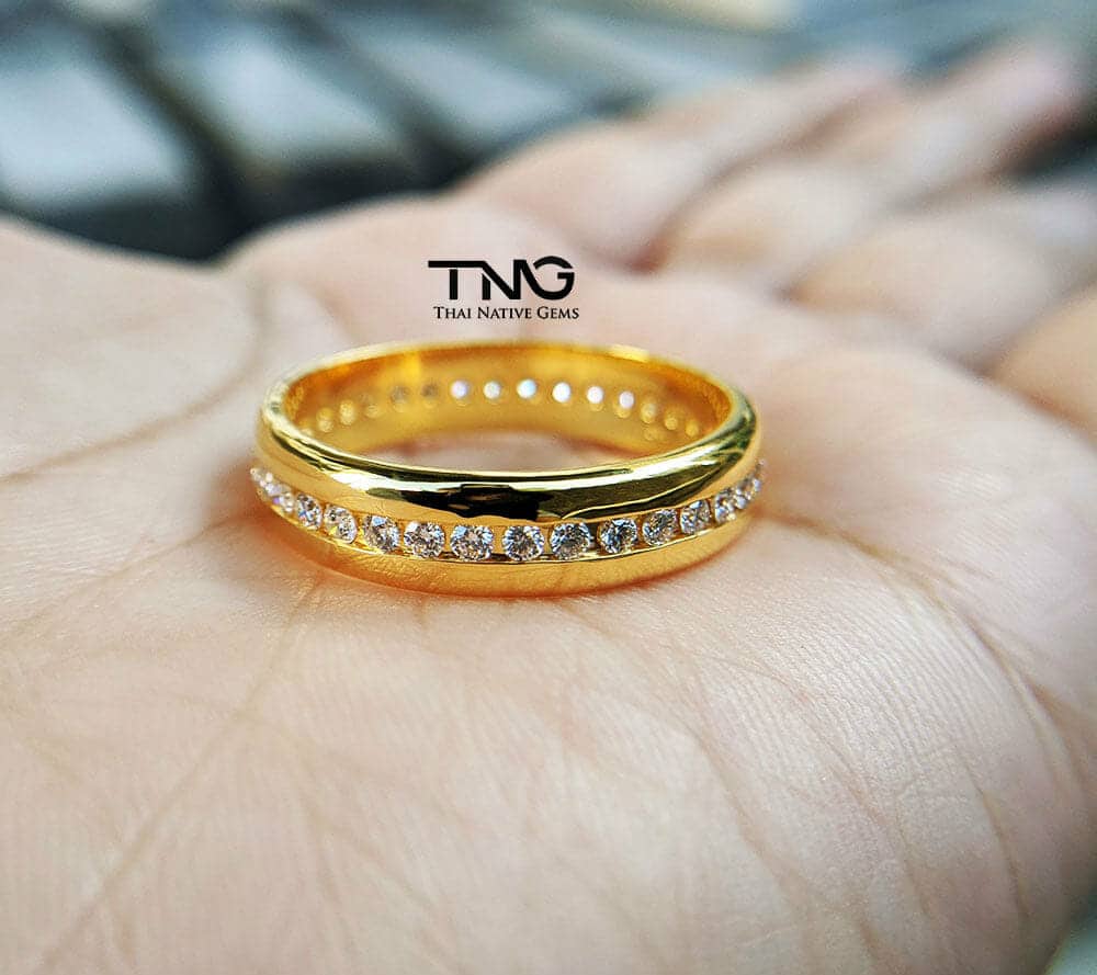 Custom Made Wedding Ring and Band in Bangkok, Thailand. His Full Eternity Diamond Ring set in 18K Yellow Gold