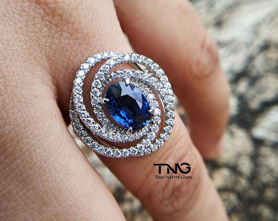 Flower Swirl Design Oval Blue Sapphire Engagement Ring
